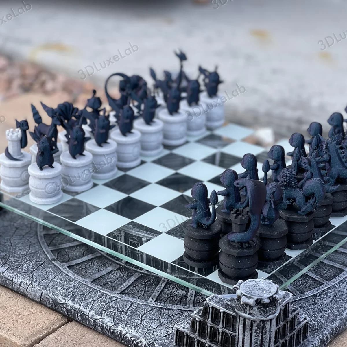 Pokémon Chess Set — Glass Board, Ruined-Temple Base